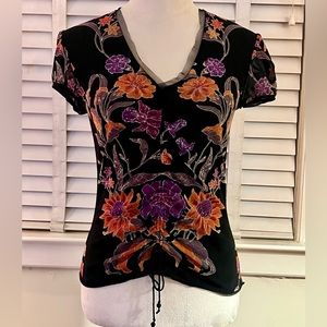 Vintage Vivienne Tam cap-sleeved, front-gathered top. Size SM.